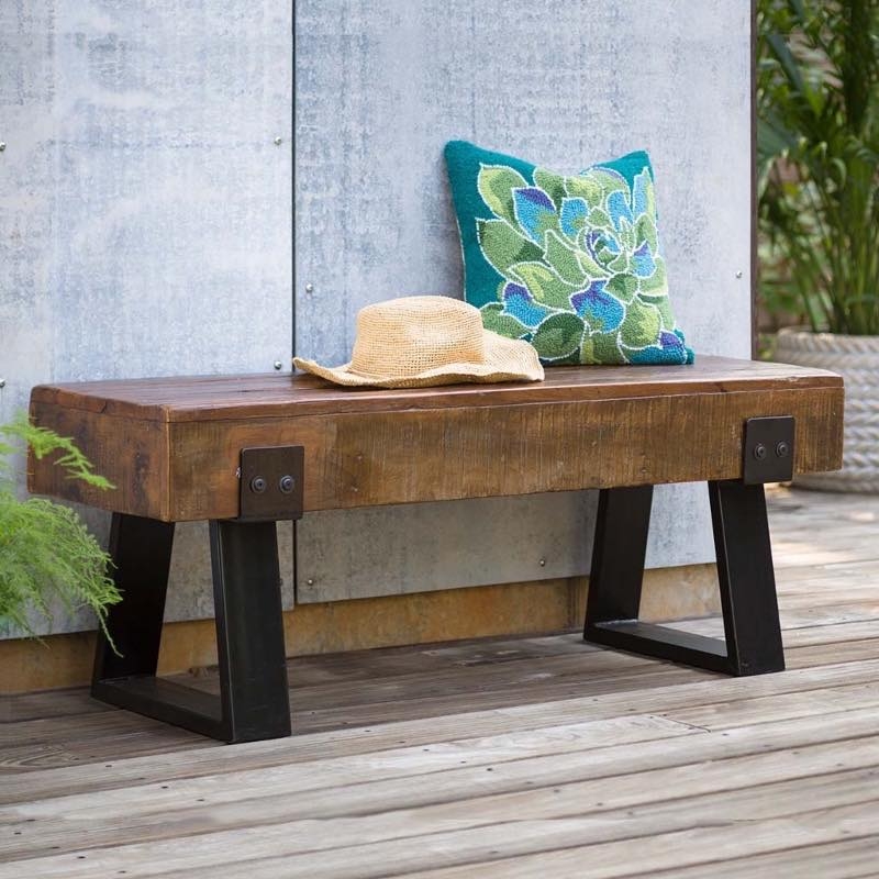 Wood Bench Chunky Slab Industrial Style with Trapezoid Metal Legs
