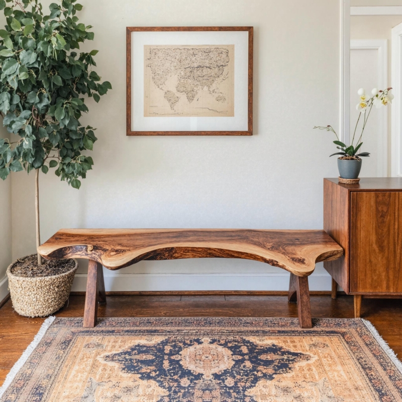 Wood Bench Live Edge Handcrafted Top with Organic Silhouette
