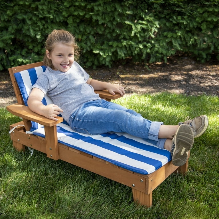 Wood Chaise Lounge Blue Nautical Stripe Patio Chair