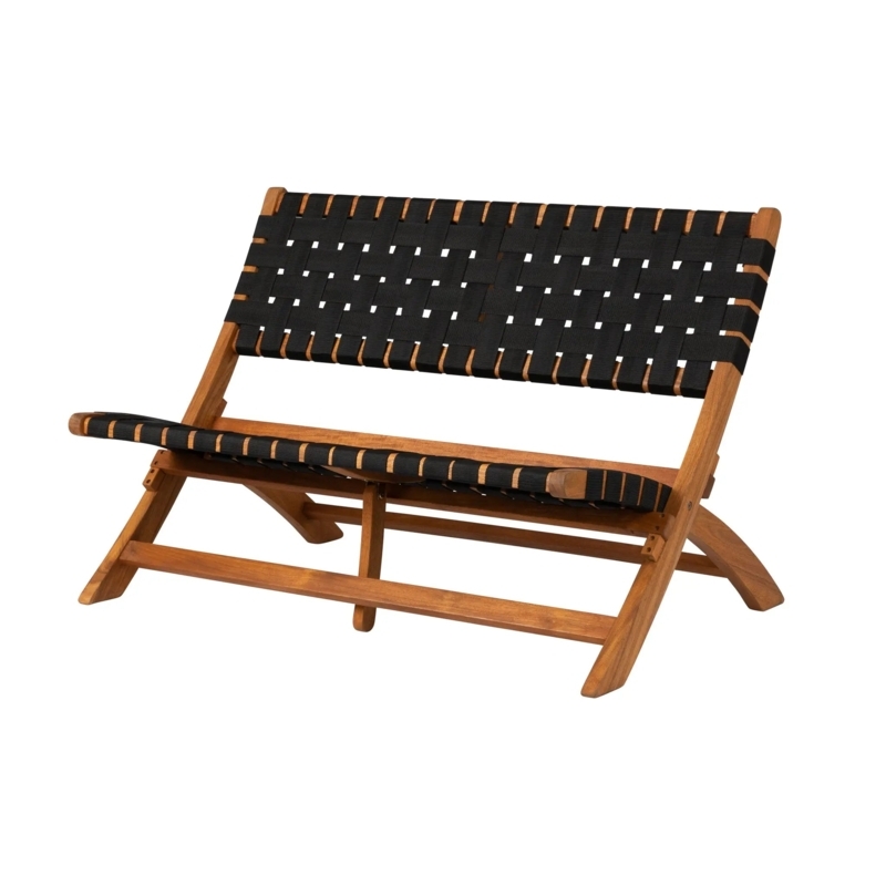 Wood Folding Bench Honey Brown Frame Woven Black Webbing Seat