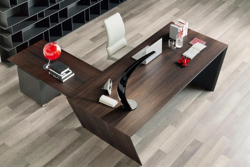 Wood Grain Executive Desk with Angled Leg Panel and Integrated Return