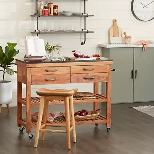 Wood Kitchen Island on Casters with Four Storage Drawers