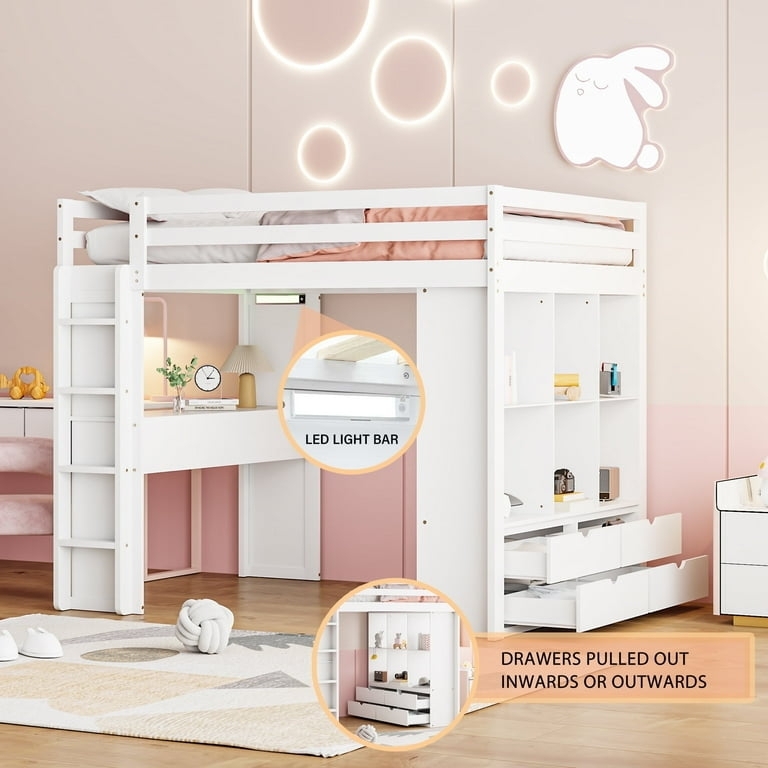 Wood Loft Bed White Desk LED Light Bar Full Size