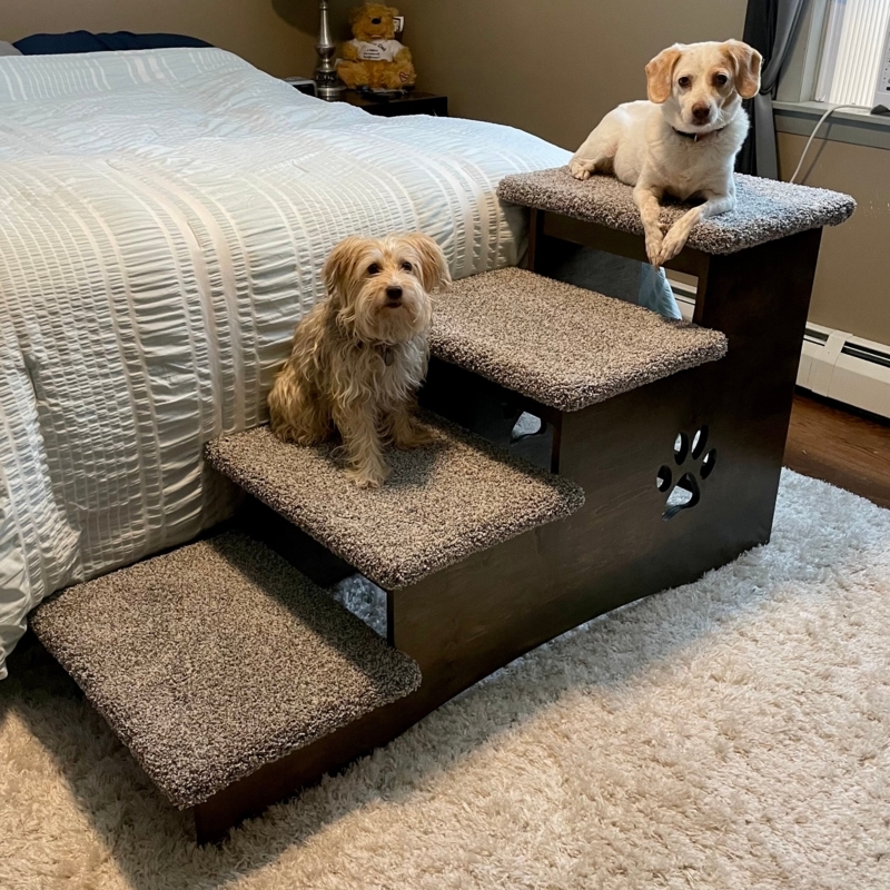 Wood Pet Stairs Extra Deep Carpeted Treads Paw Print Cutout 4-Tier