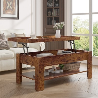 Wood Tone Lift Top Table with Thick Legs and Lower Shelf