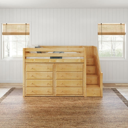 Wood Toned Loft Bed Eight Drawer Storage and Staircase Entry