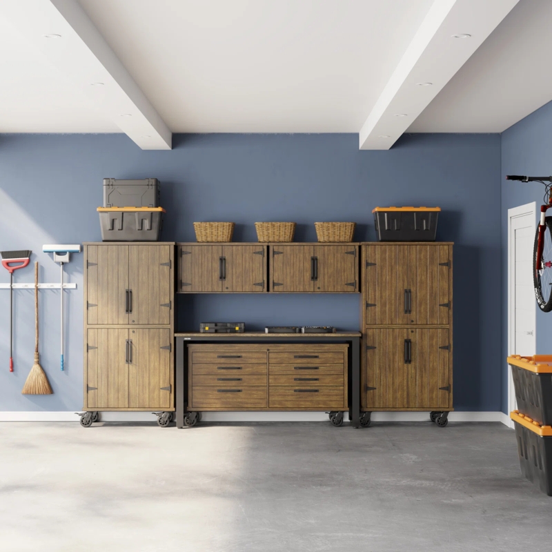 Wood Toned Modular Garage Storage System with Rolling Casters