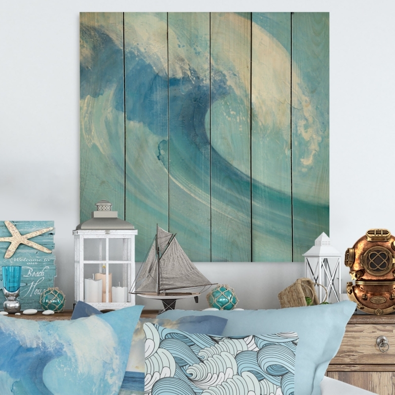 Wood Wall Art Vertical Planks Ocean Wave Print Natural Pine Seafoam