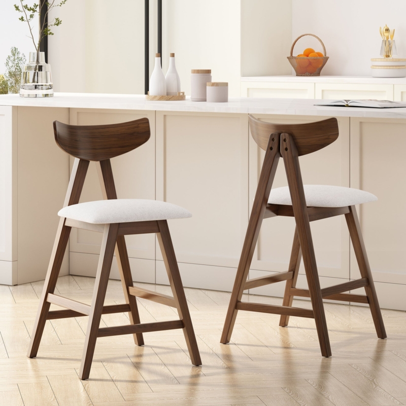 Wooden Counter Stool with Curved Butterfly Backrest, Splayed Legs
