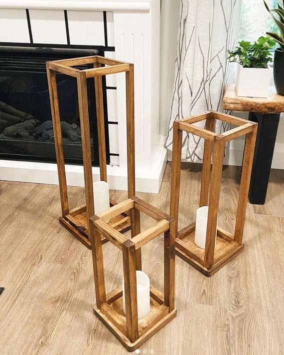 Wooden Floor Lanterns Set, Open Frame Design in Graduated Heights