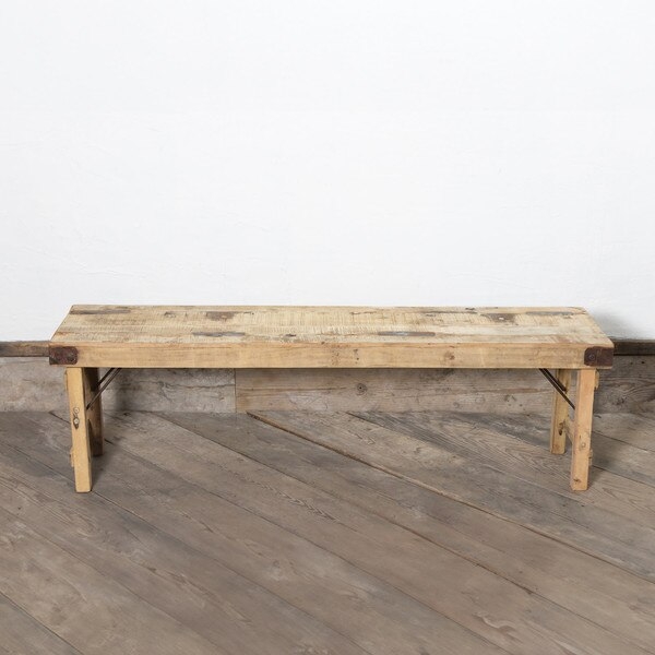 Wooden Folding Bench Distressed Weathered Finish Metal Accents Rustic