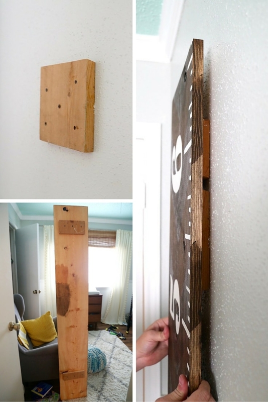 Wooden Growth Chart Plank with Dark Stain and Wall Offset Mounting
