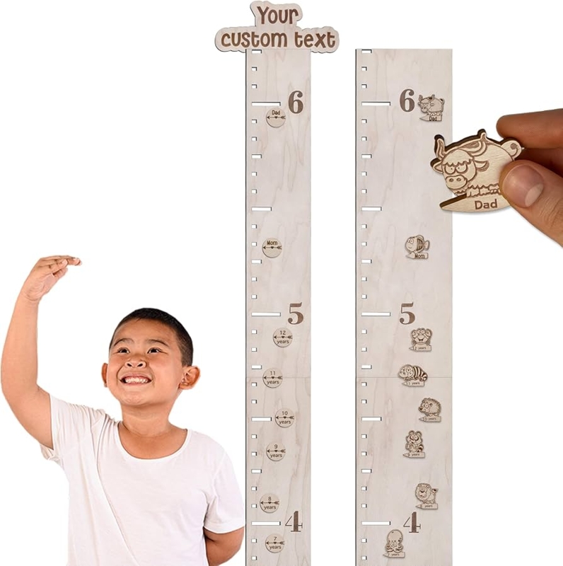 Wooden Growth Chart Ruler, Laser Engraved with Movable Markers