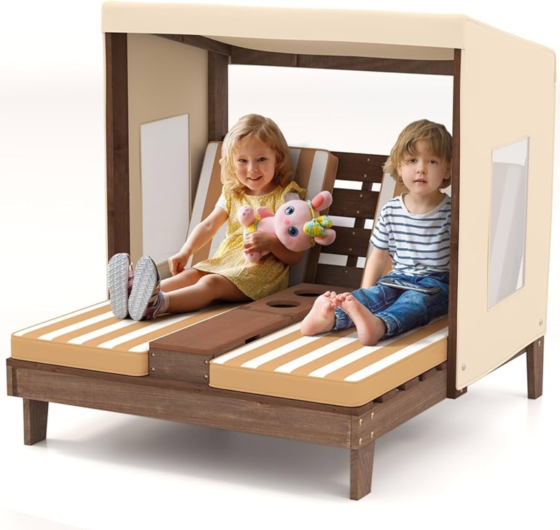Wooden Patio Daybed With Canopy Walnut Double Yellow Stripe