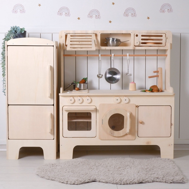 Wooden Play Kitchen Set Natural Finish Separate Fridge Washer