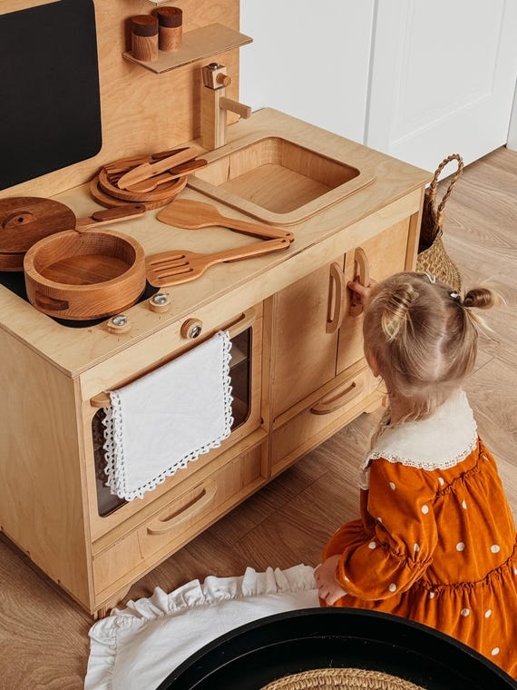 Wooden Play Kitchen Tactile Knobs Lace Towel Montessori Natural Toy