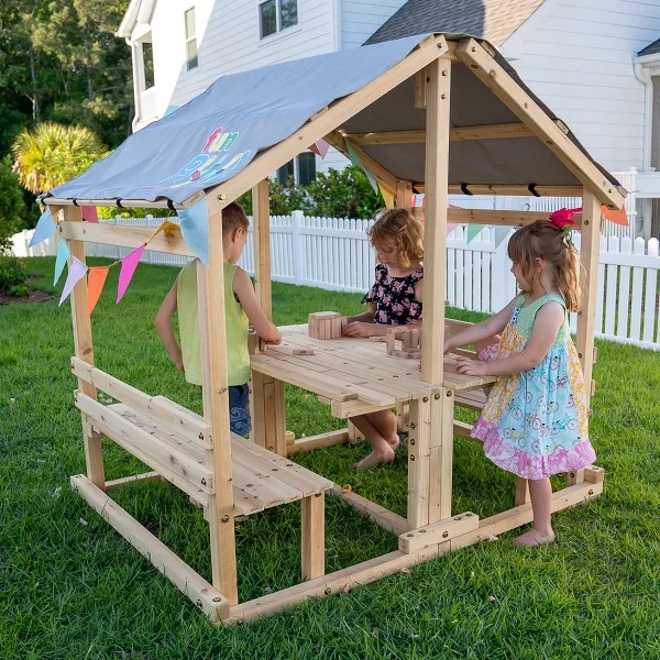Wooden Playhouse with Integrated Table & Grey Fabric Canopy