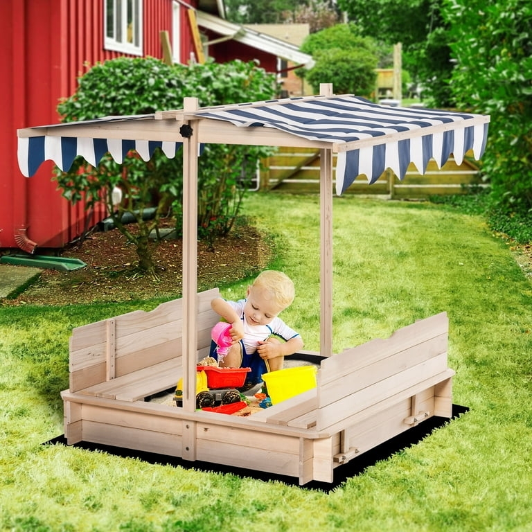 Wooden Sandbox with Nautical Striped Canopy and Built-In Bench Seating