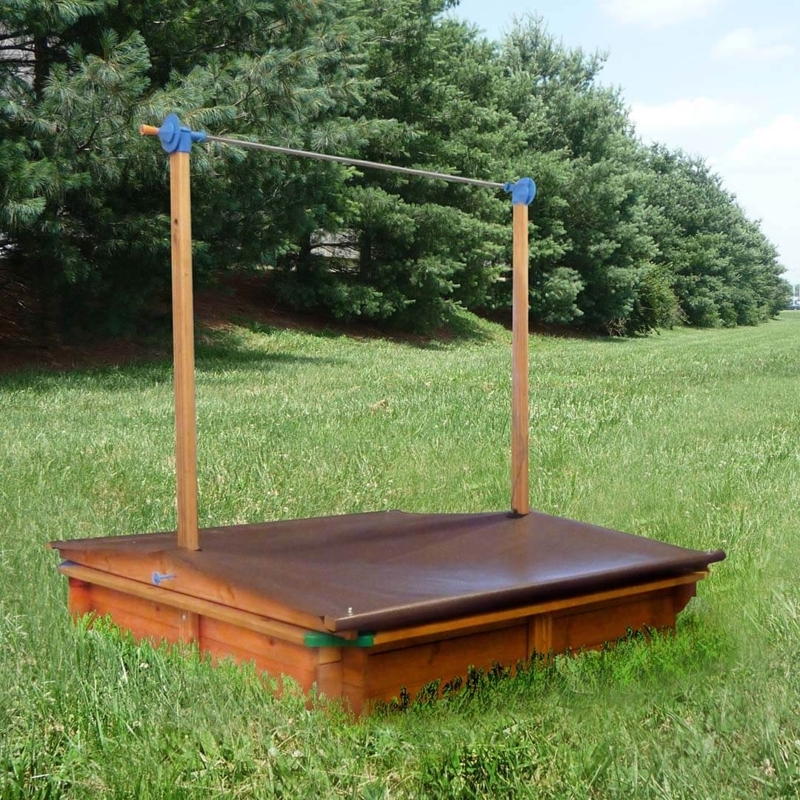 Wooden Sandbox with Overhead Metal Crossbar and Integrated Flat Cover