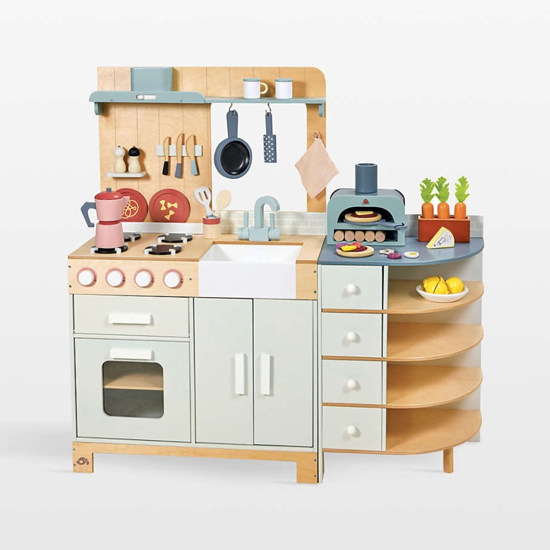 Wooden Toy Kitchen Sage Green Pizza Oven Curved Shelving Set
