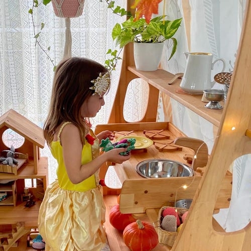 Wooden Toy Kitchen String Lights Rattan Montessori Style Set