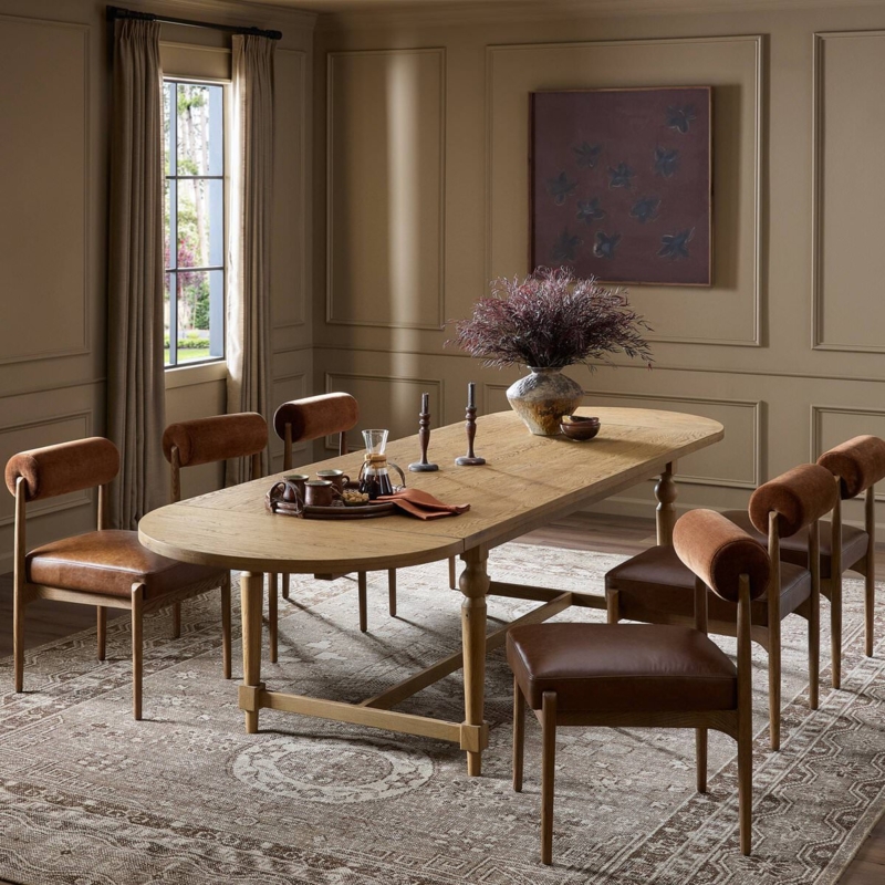 Worn Oak Dining Table Oval Extension Trestle Base Transitional Finish