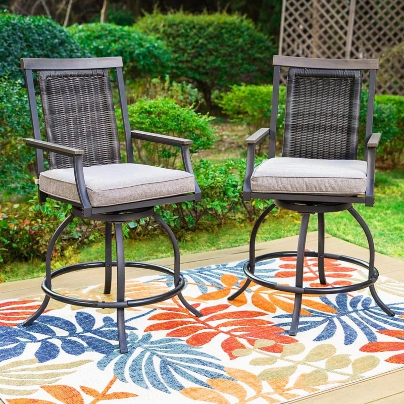 Woven Back Outdoor Stool, Swivel Base & Bronze Metal Frame.