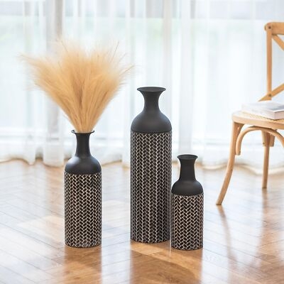 Woven Metallic Floor Vases Set Matte Black Neck Industrial Trio
