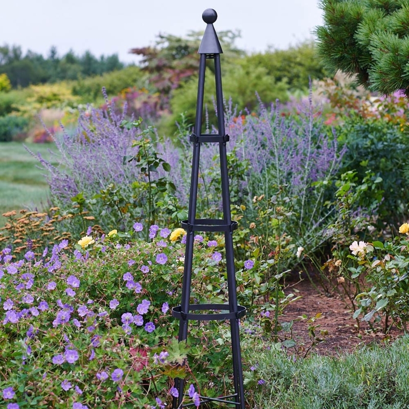 Wrought Iron Garden Obelisk Matte Black Ball Finial Tapered Pyramid