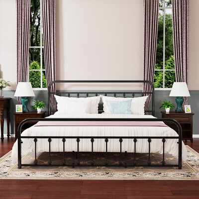 Wrought Iron Platform Bed Spindled Headboard Curved Corners Black