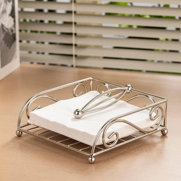Wudkey 7 x 7 x 2.5 in. Silver Chrome Stainless Steel Napkin Holders with Weight Arm Flat for Kitchen Table