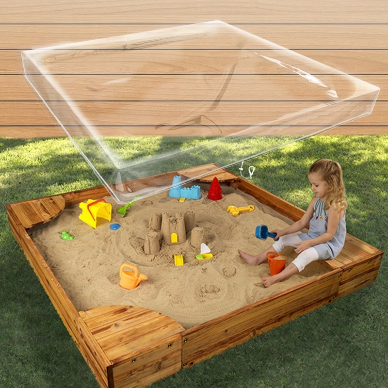 XL Kids Wooden Octagonal Sandbox with Four Corner Benches and Clear Cover