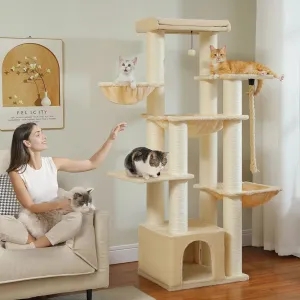 XXL Beige Cat Tree Hanging Rope Integrated Hammocks Sisal Scratching