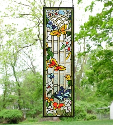 10" x 36" Tiffany Style stained glass window panel Butterfly Garden Flower  | eBay