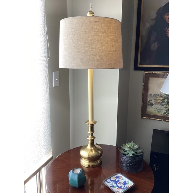 1960s Extra Tall Brass Stiffel Style Buffet Lamp With Linen Drum Shade |  Chairish