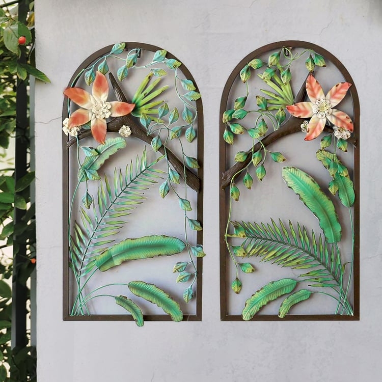 2 Pieces Arched Indoor Outdoor Metal Wall Decor Set Garden Hollow-out  Flower Plant Art Homary