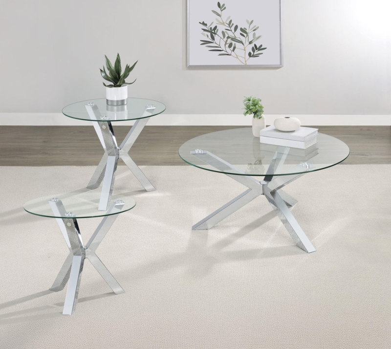 3-Piece Coffee Table Set Round Glass Chrome X-Frame Base