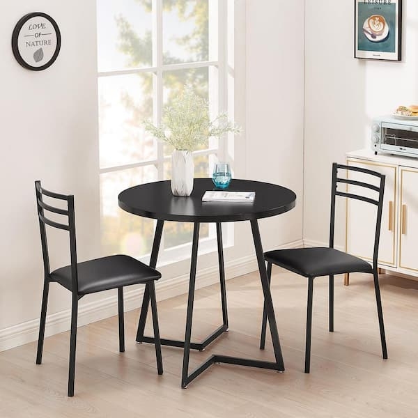 3-Piece Dining Set Black Geometric Base Ladder Back Chairs