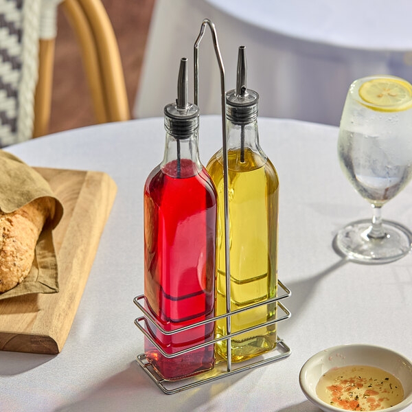 3-Piece Square Glass Cruet Set in Polished Metal Wire Rack