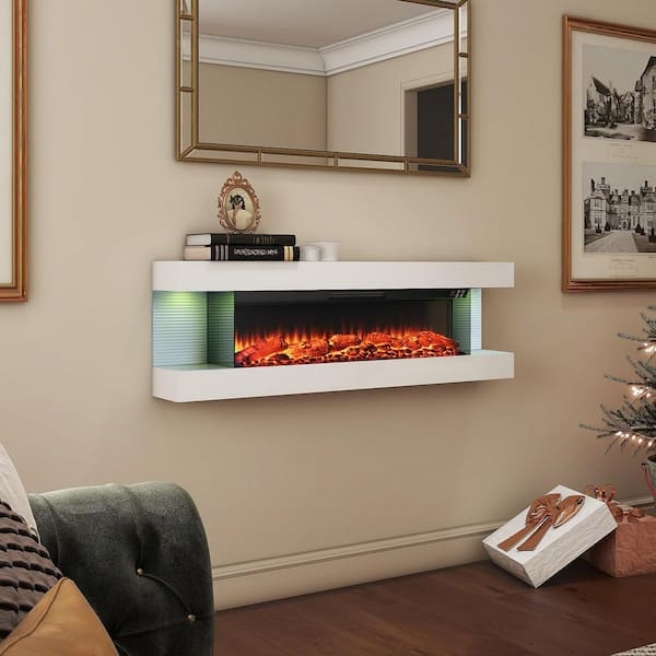 3-Sided Wall Mounted Fireplace White Floating Mantel LED Glow