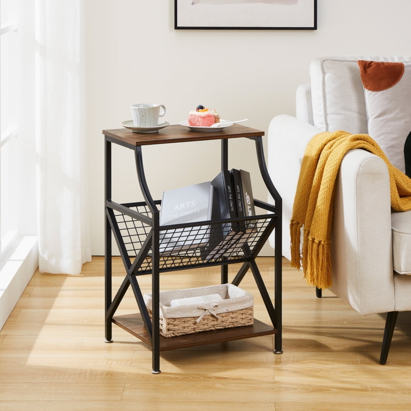 3-Tier End Table with X-Frame Support, Metal & Angled Magazine Rack