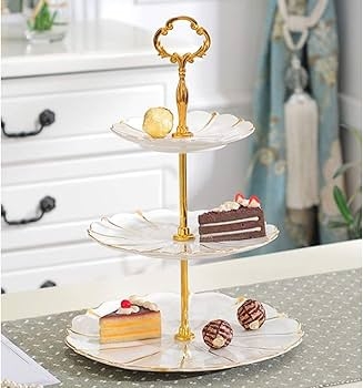 3-Tier Gold Dessert Stand, Scalloped Ceramic Plates with Gold Rims