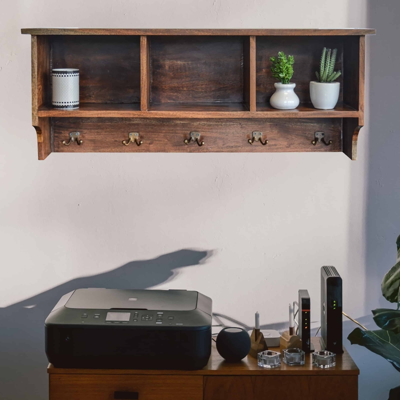 36" Acacia Wood Wall Mounted Shelf with Coat Hooks & Storage Nooks -  AmeriHome