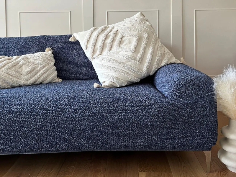 4 Seater Sofa Slipcover Navy Blue Boucle Weave Nubby Texture