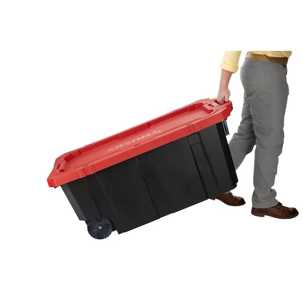 45 Gallon Wheeled Garage Organizer Bin with Industrial Red Lid