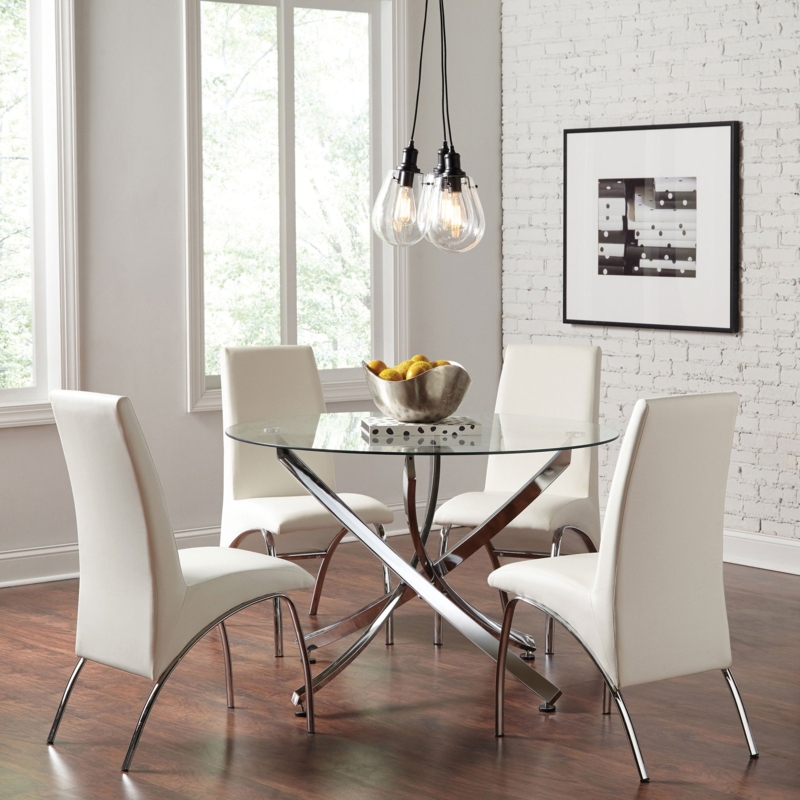 5-Piece Dining Set featuring Chrome X-Base & White Upholstered Chairs