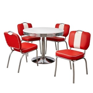 5-Piece Dining Set: Red Racing Stripe Chairs, Trumpet Pedestal Table