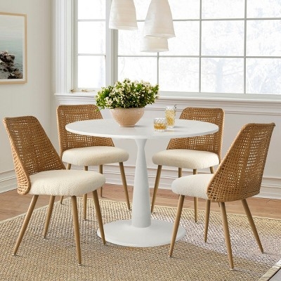 5-Piece Dining Set White Pedestal Rattan And Boucle Chairs