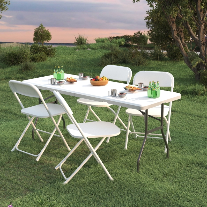 5-Piece Folding Table Set with White Resin and Metal Frame