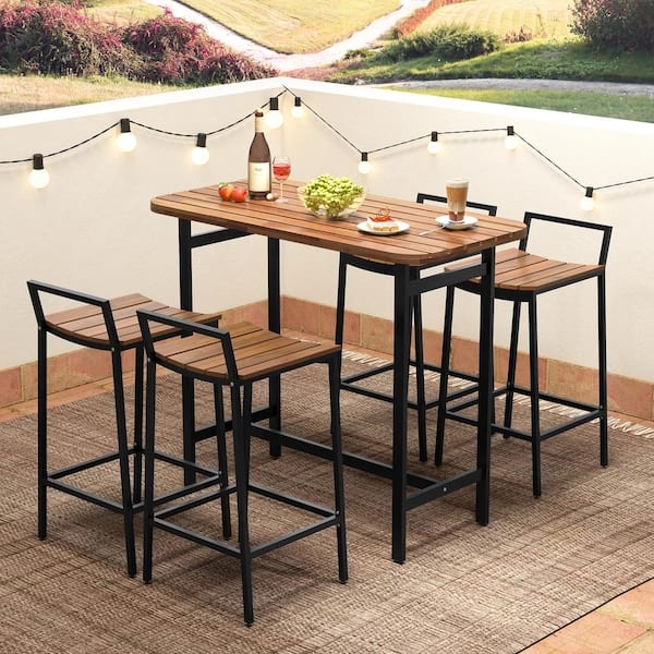 5 Piece Patio Bar Set, Slatted Acacia Wood and Metal Frame